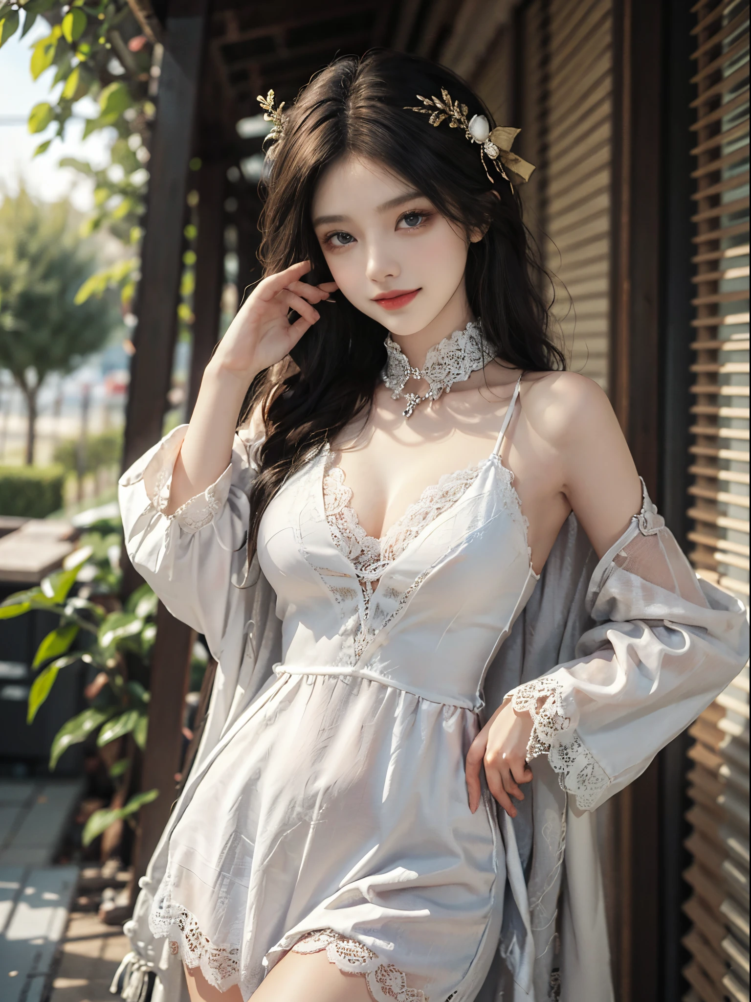 lace dress1fashi-girl, ((cowboy shot)), A beautyful girl, a young female model, Random pose, posing elegantly, visually appealing, tmasterpiece, (Best quality at best, 4K, 8K, A high resolution, tmasterpiece:1.2), a warm color palette, ultra - detailed, Ultra-fine painting, delicated face, long slim figure, slim, largeeyes, pretty eyes, Hefty Smile, Random shooting angle, Random scenes