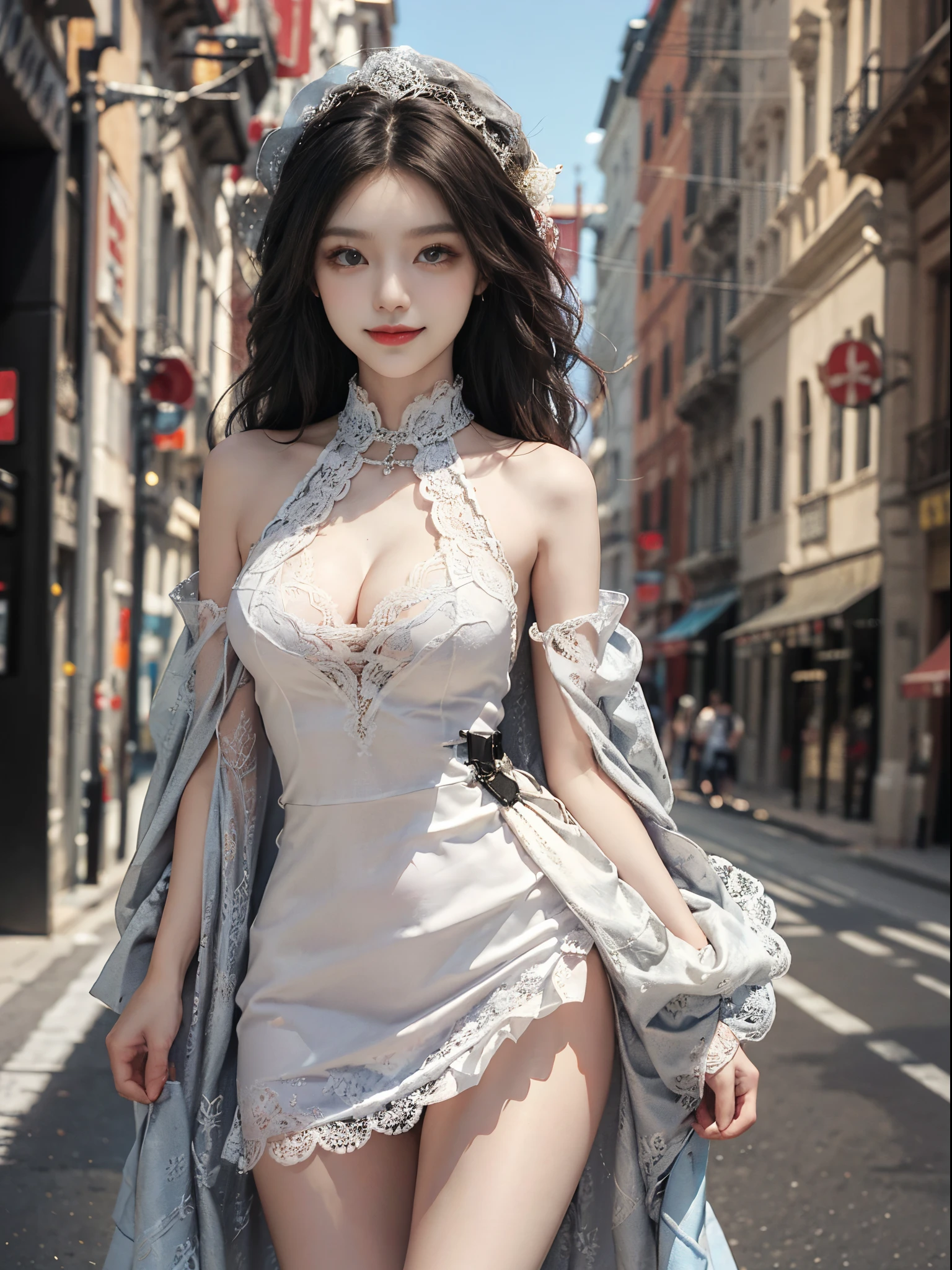 lace dress1fashi-girl, ((cowboy shot)), A beautyful girl, a young female model, Random pose, posing elegantly, visually appealing, tmasterpiece, (Best quality at best, 4K, 8K, A high resolution, tmasterpiece:1.2), a warm color palette, ultra - detailed, Ultra-fine painting, delicated face, long slim figure, slim, largeeyes, pretty eyes, Hefty Smile, Random shooting angle, Random scenes