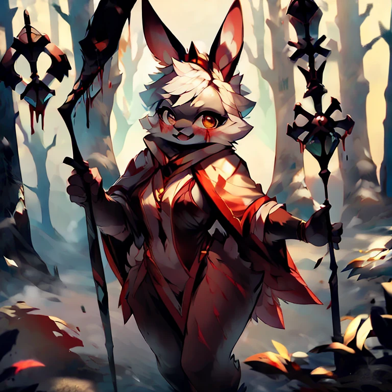 ( female white bunny) ( white cloak with golden on it ) ( forest cover in snow ) ( holding a staff and while being follow ) ( covered in blood) ( clam expression)