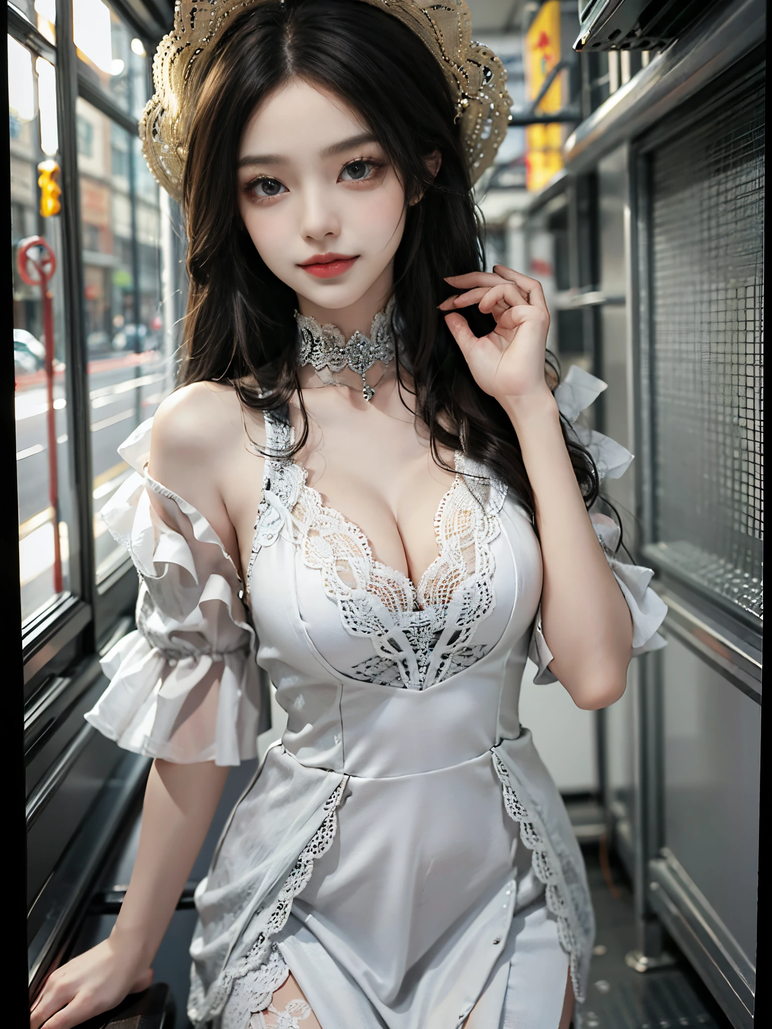 lace dress1fashi-girl, ((cowboy shot)), A beautyful girl, a young female model, Random pose, posing elegantly, visually appealing, tmasterpiece, (Best quality at best, 4K, 8K, A high resolution, tmasterpiece:1.2), a warm color palette, ultra - detailed, Ultra-fine painting, delicated face, long slim figure, slim, largeeyes, pretty eyes, Hefty Smile, Random shooting angle, Random scenes