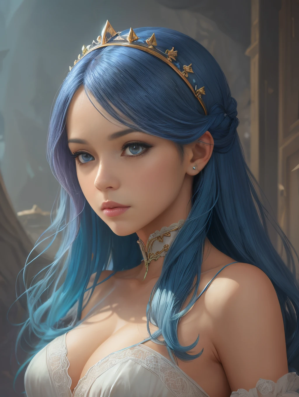tall girl, blue hair, white dress, long hair, deep focus, d & d, fantasy, sophisticated, elegant, highly detailed, digital painting, artstation, concept art, matte, clear focus, illustration, hearthstone, works by artgerm, greg rutkowski and alphonse mucha --auto --s2