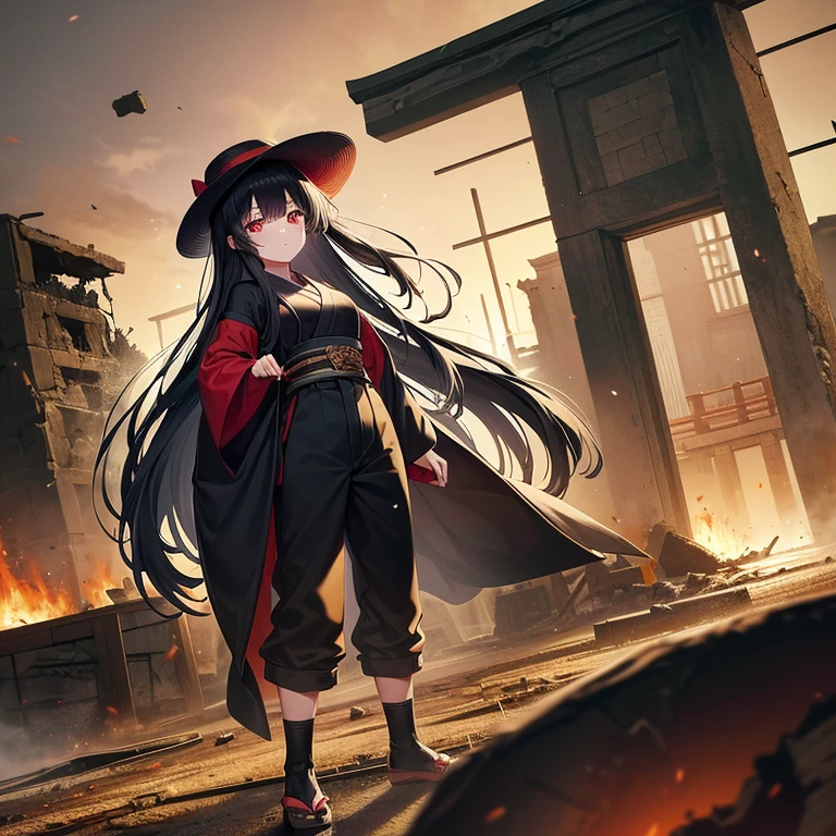 Medium size anime girl with long black hair and red eyes wearing a black straw hat and a black long sleeve ancient Japanese shirt and long black pants and black gloves looking shocked inside a destroyed ancient Japanese city with debris on the ground