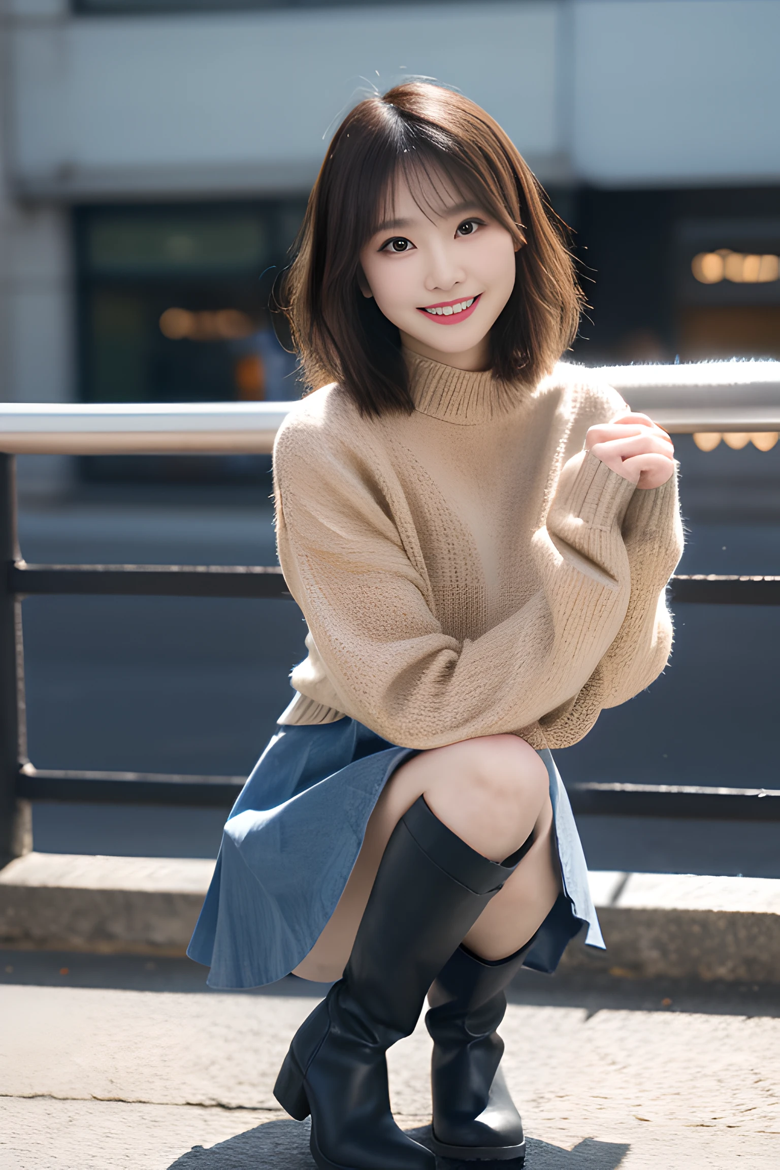 1girl in,Portrait,Medium Long Shot,Bokeh,urban setting,Looking at the camera,masutepiece,准确,Anatomically correct,Textured skin,Front lighting,Using Reflectors,F/2.0,50 millimeters,Canon EOS R,Regina Display,Super Detail,high details,High quality,Best Quality,hight resolution,nffsw,1080p,hard disk,4K,8K,Cute,20s,Short haircut,slender Japanese idol,wearing a color block sweater,Mini skirt,kneehigh boots,Friendly wave as you turn around on the street、smile at a friend