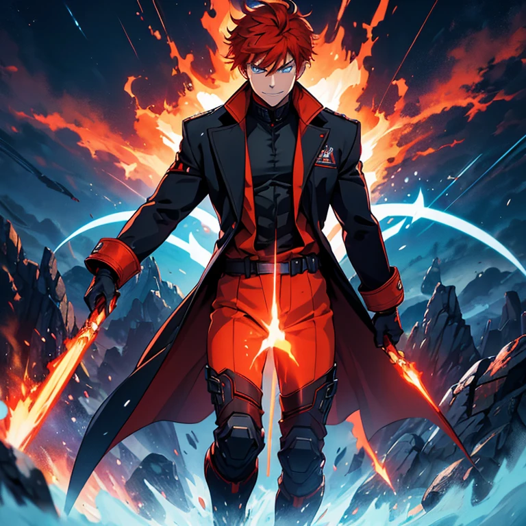Master piece, 8k, ultra detailed, red overcoat, black shirt, muscular man, orange hair, blue eyes, confident smile, full body frame, vulcan eruption and blue lightnings blue light background