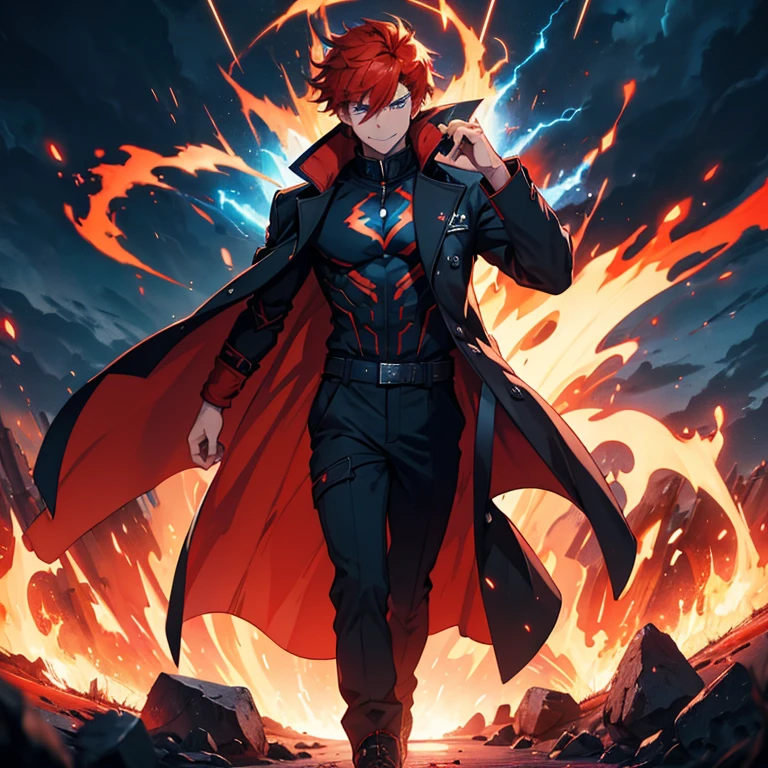 Master piece, 8k, ultra detailed, red overcoat, black shirt, muscular man, orange hair, blue eyes, confident smile, full body frame, vulcan eruption and blue lightnings blue light background