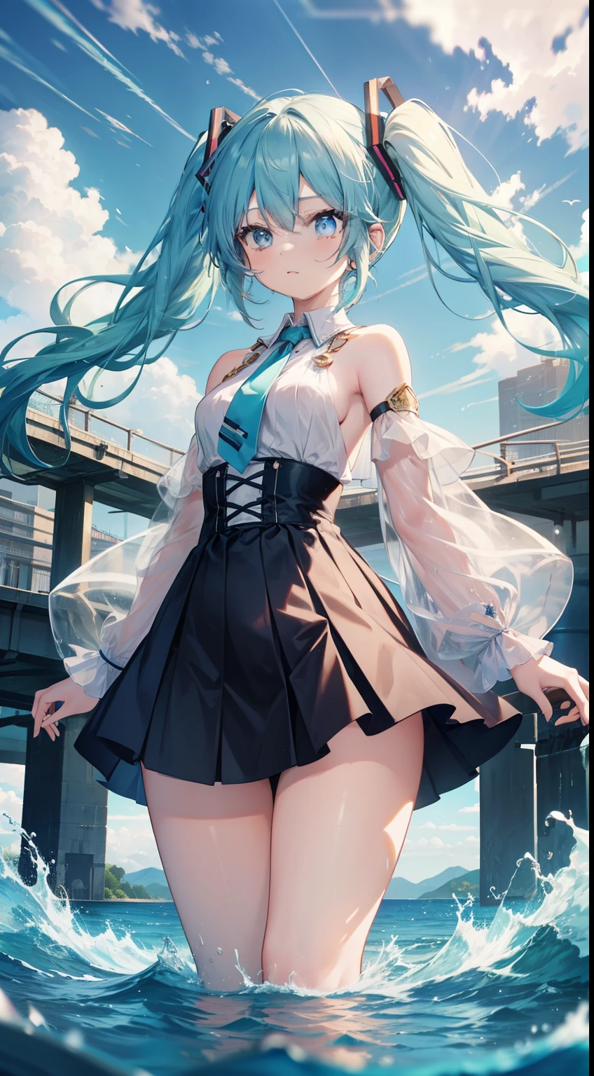 (masterpiece), (best quality), (4k resolution), (anatomy; perfect), character Hatsune Miku, 1 girl, light skin, blue eyes, (big blue hair), (locks, bangs), tied hair of both sides, (hair lighting effects), eyebrow, nose, ear, mouth, lips, long sleeve blouse, short skirt, tights, (medium chest), (perfect waist), thick legs, thick thighs, background scenery, effect water, blue background, water, water bubble, all water