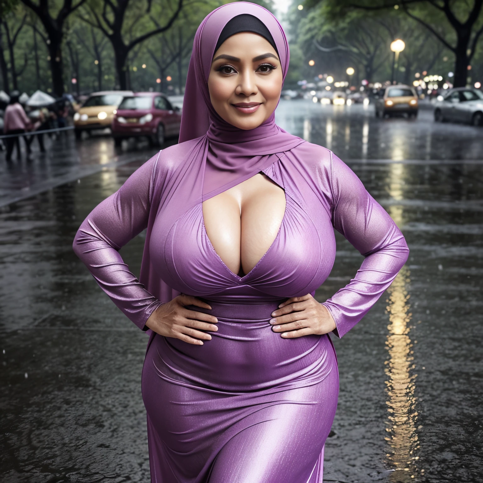 56 years Old, Indonesian Hijab milf, Ultra Droopiest gigantic saggiest longest mature tits : 96.9, wearing tight Gamis, Wearing Tight Bra, Her bra cannot cover her Gigantic breast, Busty body, Wet body, rainy atmosphere, heavy rain, at central park, full body, gravure Idol, Cold Situation