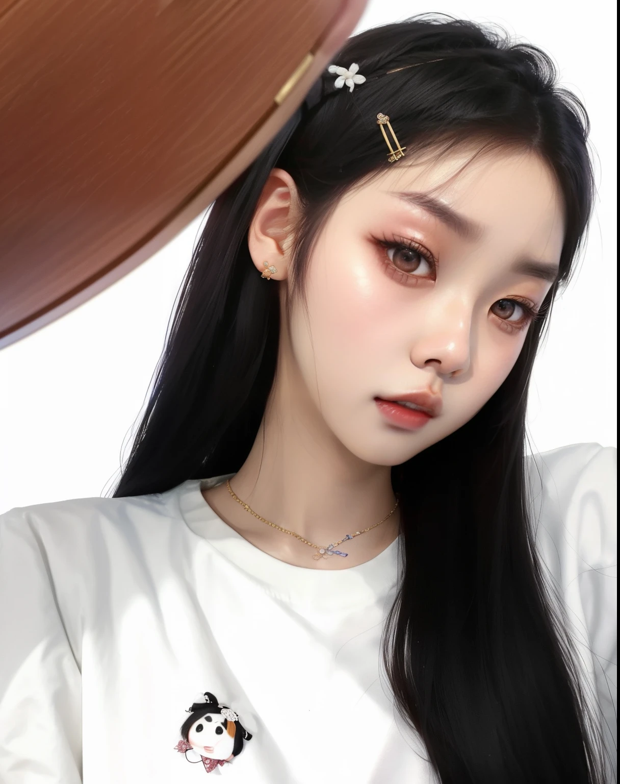 there a woman with a hair clip that wearing a white shirt, blackpink jennie, ulzzang, jinyoung shin, jossi of blackpink, cruel korean goth girl, kim doyoung, young cute wan asian face, heonhwa choe, roseanne park of blackpink, gongbi, jaeyeon nam, popular south korean makeup, white hime cut hairstyle