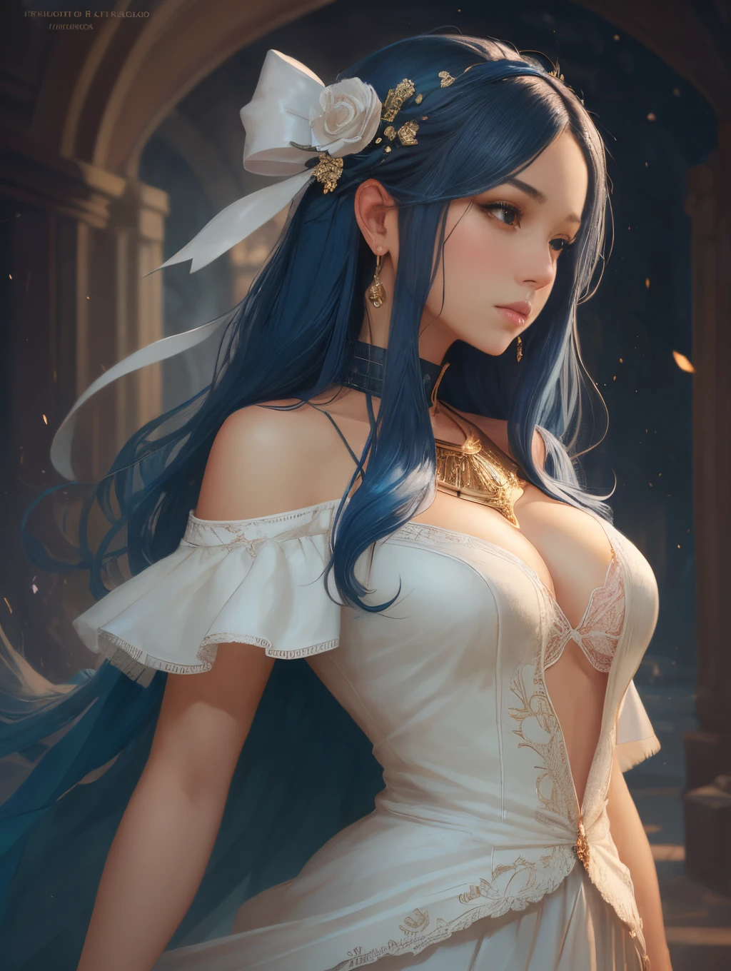 tall girl, blue hair, white dress, long hair, deep focus, d & d, fantasy, sophisticated, elegant, highly detailed, digital painting, artstation, concept art, matte, clear focus, illustration, hearthstone, works by artgerm, greg rutkowski and alphonse mucha --auto --s2