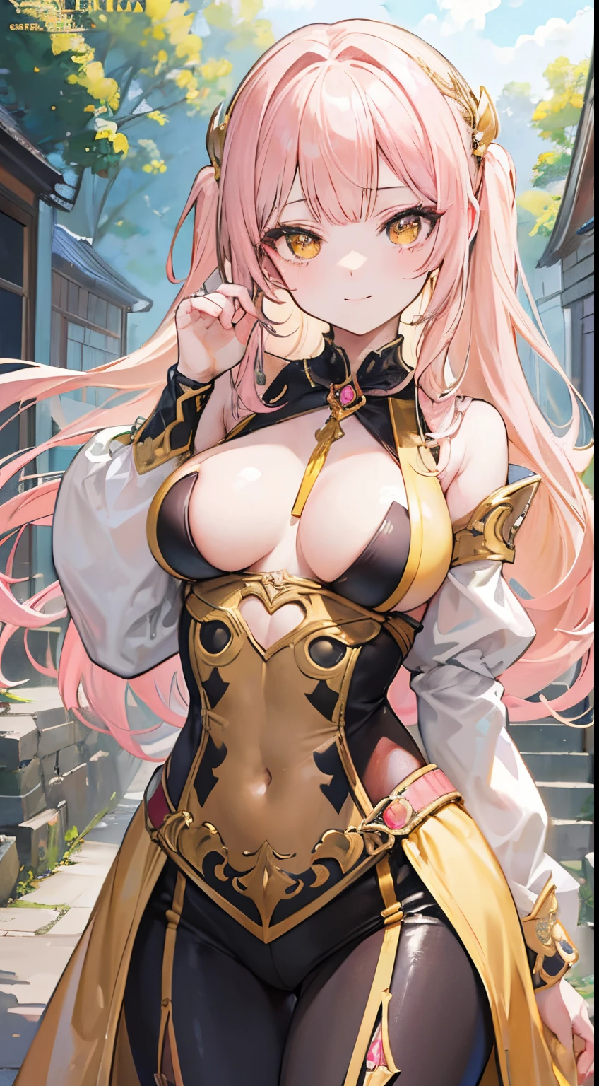 18 year old beautiful girl, Yellow big eyes, Large breasts, Petite and slender, in 8K, of the highest quality, (Highly detailed head: 1.0), (Very detailed face: 1.0), (very detail hair: 1.0), ancient fantasy wanderer''s obscene costume revealed, high detailed official artwork, anime moe art style, clean detailed anime art, Smile, Light pink-beige hair, poneyTail, hypnotic eye roll