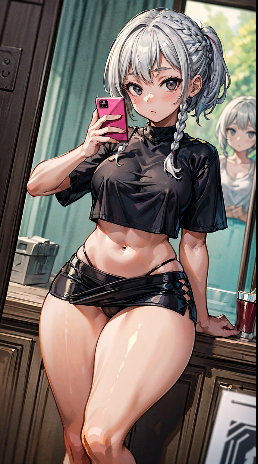 (Masterpiece, Ultra detailed:1.4),((A cute futanari girl taking a selfie in front of the mirror)),white shirt, crop top,nude feet,wide hips, slim waist, thick thighs,ass, small breasts,((big eyes, perfect eyes, black eyes)),two tone hair,(white hair:1.2),(black hair:1.1),((low ponytail,side braid, side bang)), indoors,ray tracing, extremely detailed CG,(beautiful scenery, depth of field:1.3)