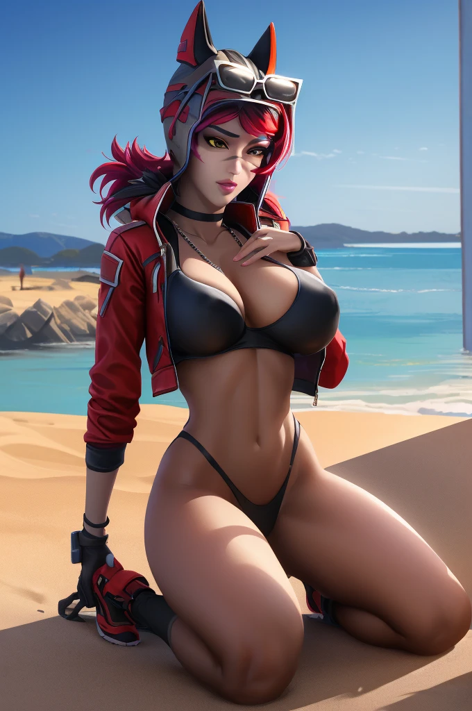 ((masterpiece)), (best quality), (detailed), (1 girl), red hair, lonh hair, sunglasses on head, big breasts, red jacket, ripped bodystocking, black chocker, black bra, chest chains, yellow eyes, black strings, white socks, red shoes, beach, (wet body)