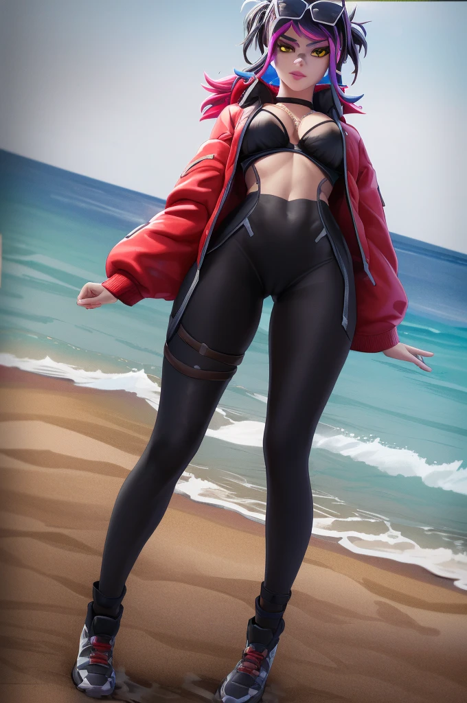 ((masterpiece)), (best quality), (detailed), (1 girl), red hair, lonh hair, sunglasses on head, big breasts, red jacket, ripped bodystocking, black chocker, black bra, chest chains, yellow eyes, black strings, white socks, red shoes, beach, (wet body)