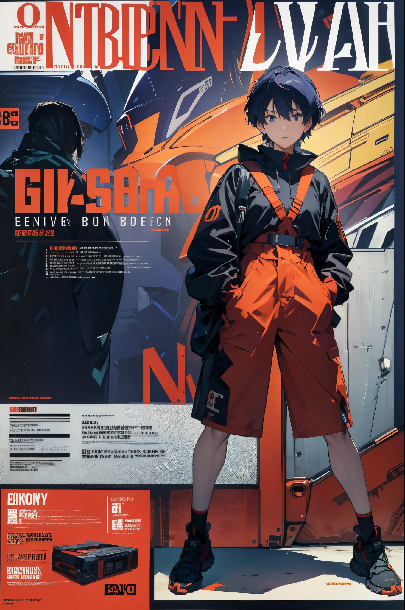 line-art, art book, design sheet, 8k, best quality, design, equipment design, Evangelion, eva, cowboy bebop, geometry, wearing Yeezy fashion, magazine, illustrations