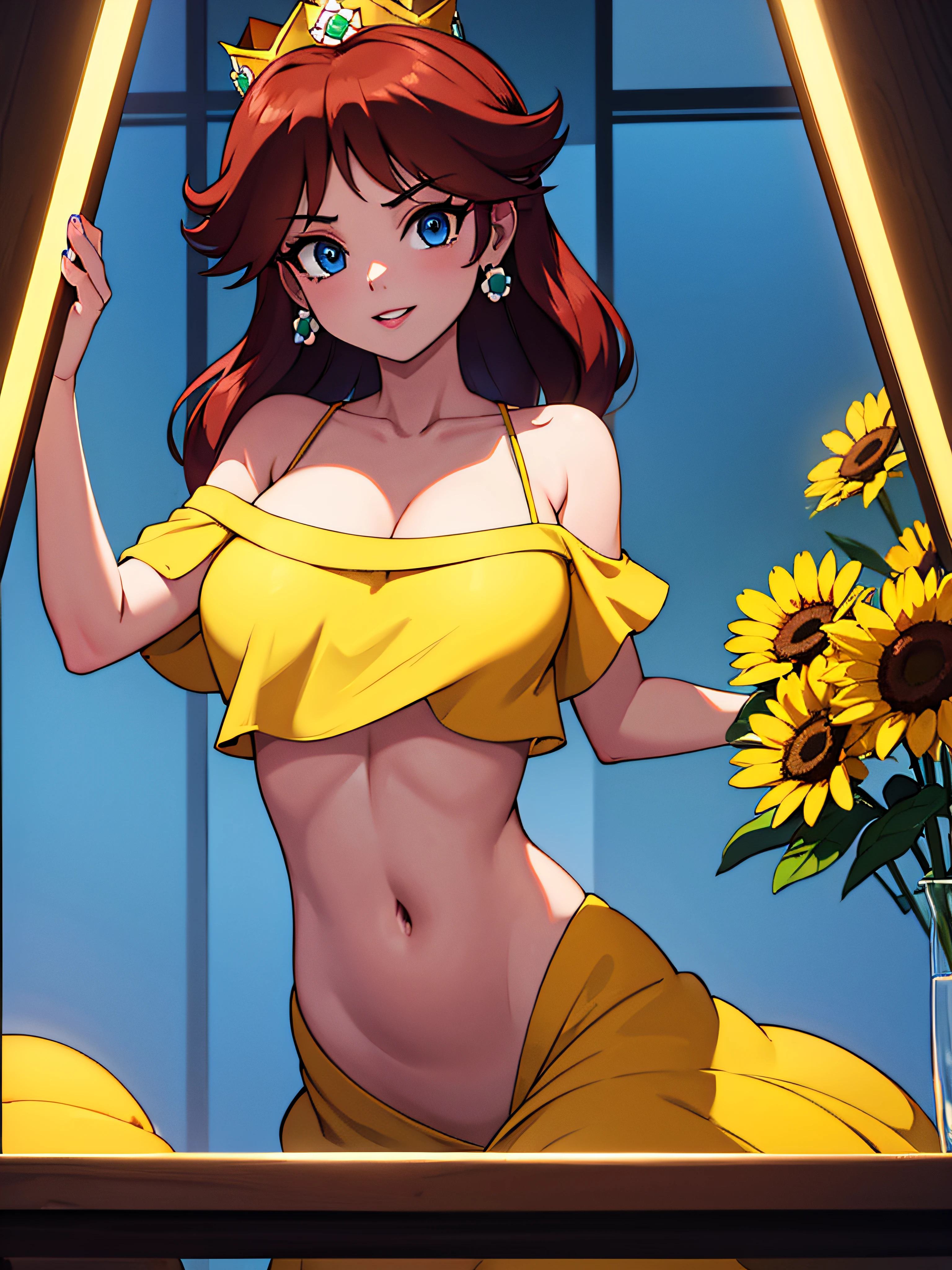 ((high detailed, best quality, 4k, hd:1.3)), Princess Daisy, blue eyes, original, seductive, attractive, fanart, sexy smile, smooth anime cg art, 36C breasts, long legs, vivid colors, detailed digital art, slim body, perfect skin, dark red hair, long hair, BREAK crown, cleavage, 36C cleavage, stuck behind glass, stuck behind a glass, looking at viewer, BREAK looking at viewer, extremely detailed face, sexy pose, yellow dress, yellow dress, yellow original dress, daisy, dress, flower, gem, dark black makeup lips, stuck behind a glass, stuck behind glass, dark gothic eyeshadows, dark eyeshadows, black eyeshadows, black sexy lips, black lips, (dark:1.2), dark lips, very dark lips, (perfect hands, perfect anatomy)