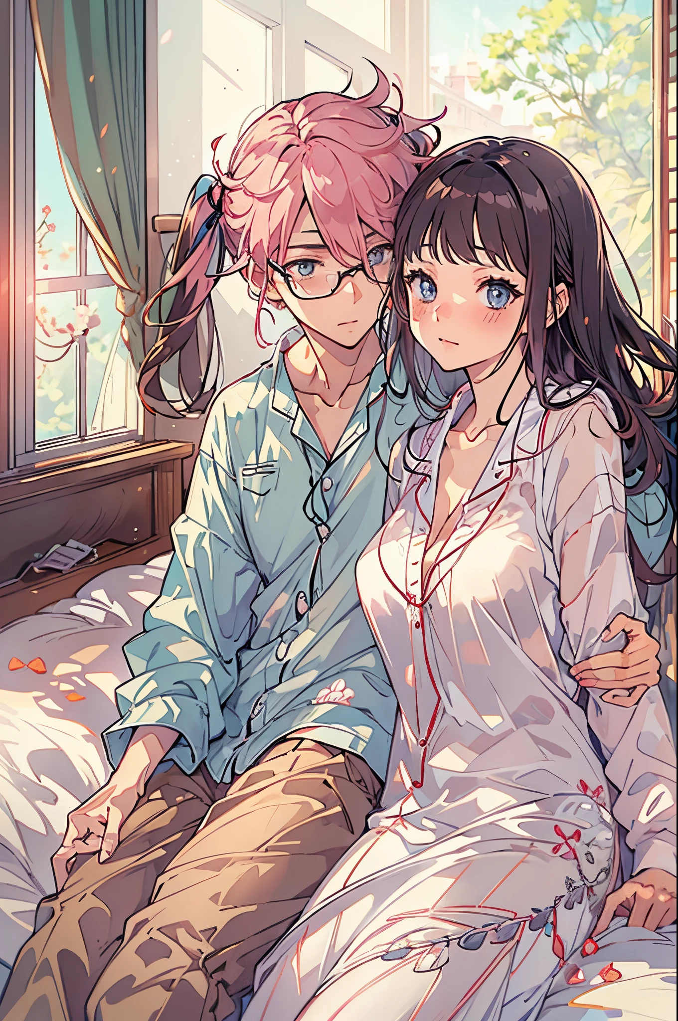 quality tmasterpiece Male and female couples The girl sits on the bed,Sling pajamaoys hugging each other from behind。Only suitable for boys,Go with mixed hairstyles。Do not wear glasses、revenge relationship, zhekidig , Handsome boy