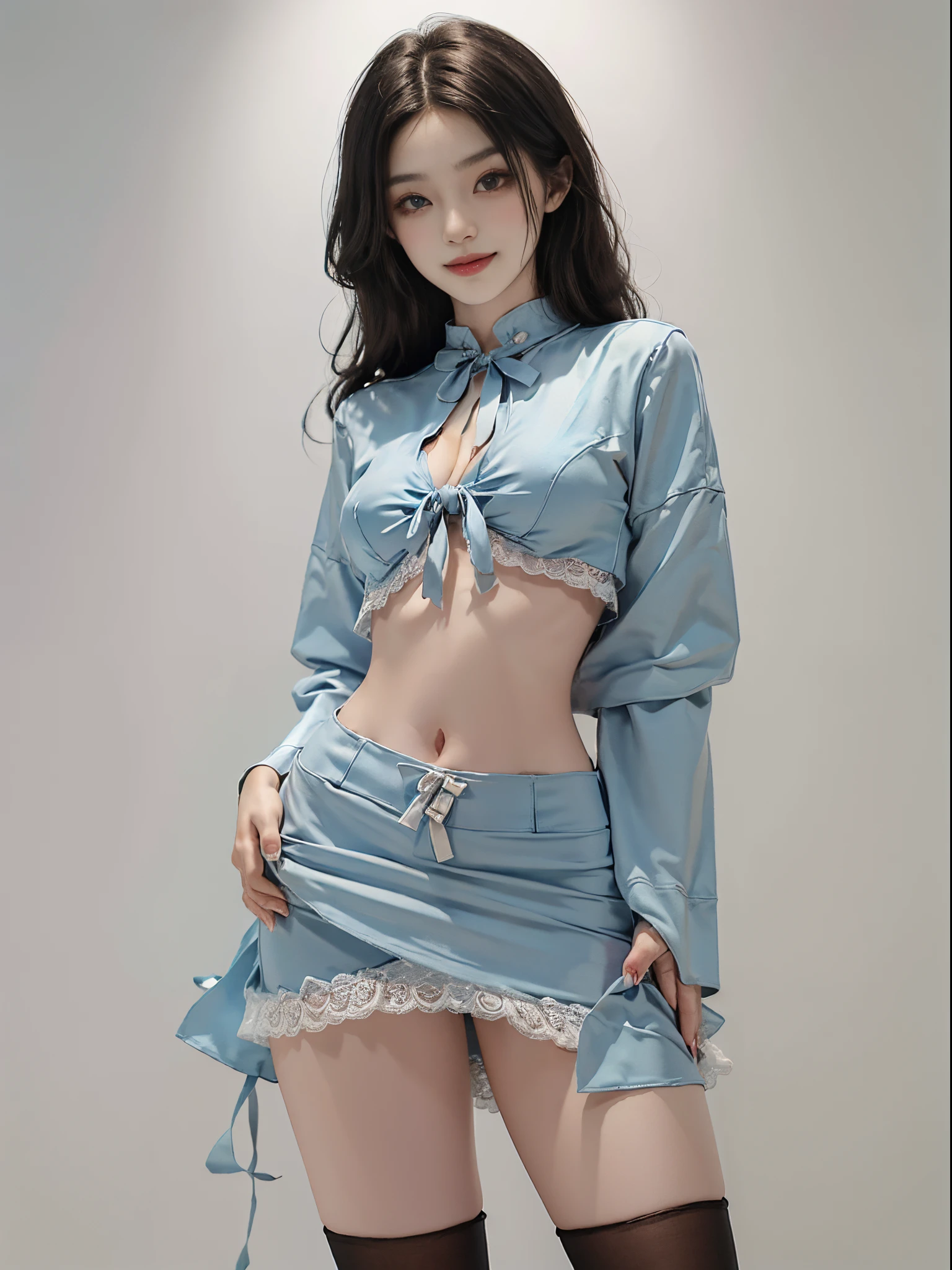 Special clothes44,lace trim,midriff,shirt,miniskirt,, fashi-girl, ((cowboy shot)), A beautyful girl, a young female model, Random pose, posing elegantly, visually appealing, tmasterpiece, (Best quality at best, 4K, 8K, A high resolution, tmasterpiece:1.2), a warm color palette, ultra - detailed, Ultra-fine painting, delicated face, long slim figure, slim, largeeyes, pretty eyes, Hefty Smile, Random shooting angle, Random scenes