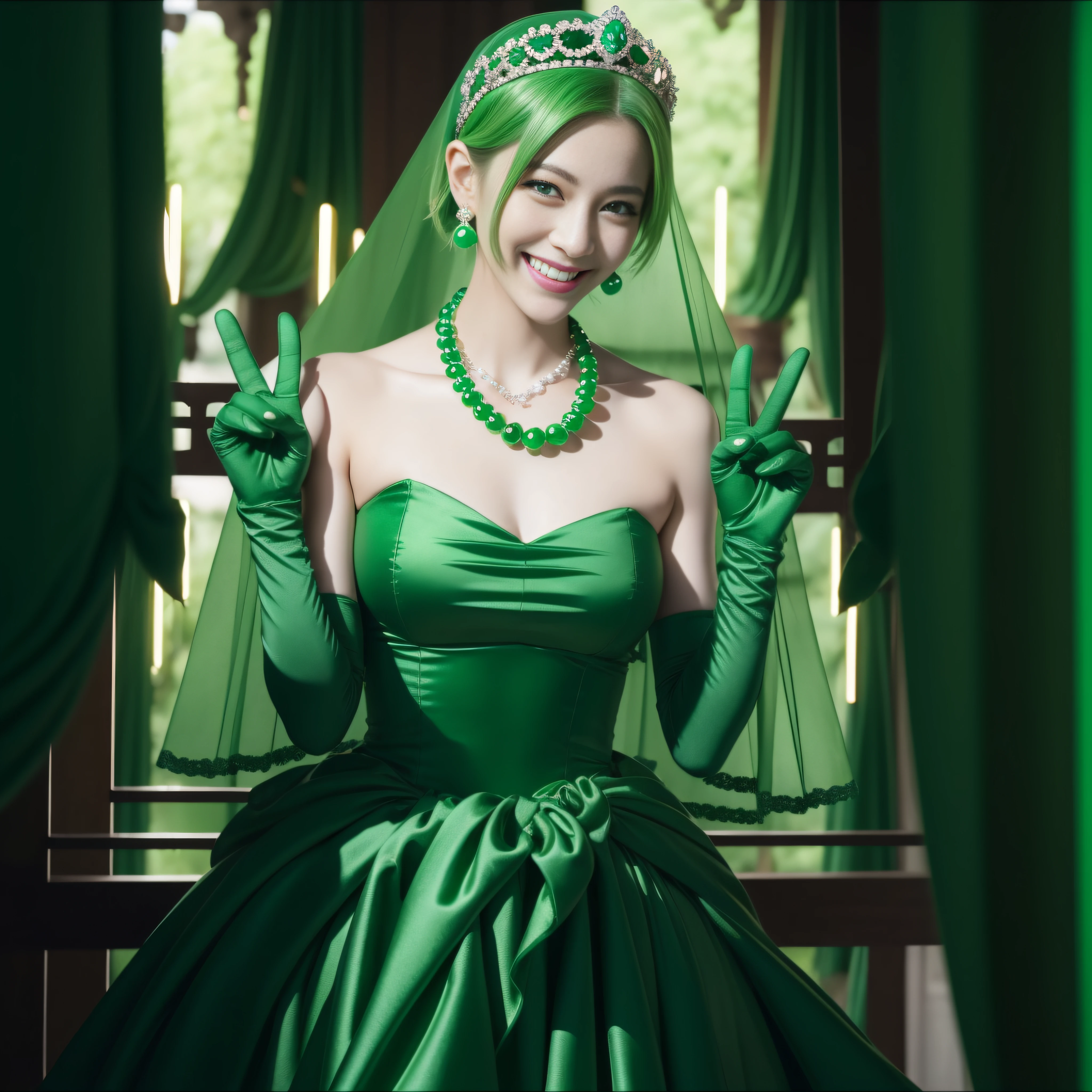 emerald tiara, Green Pearl Necklace, Boyish very short green hair, lipsticks, Japan woman smiling, very short short hair, big breasts beautiful, Green eyes, Long green gloves made of satin material, Green eyes, v sign,V-sign with both hands, Emerald Earrings, Green hair