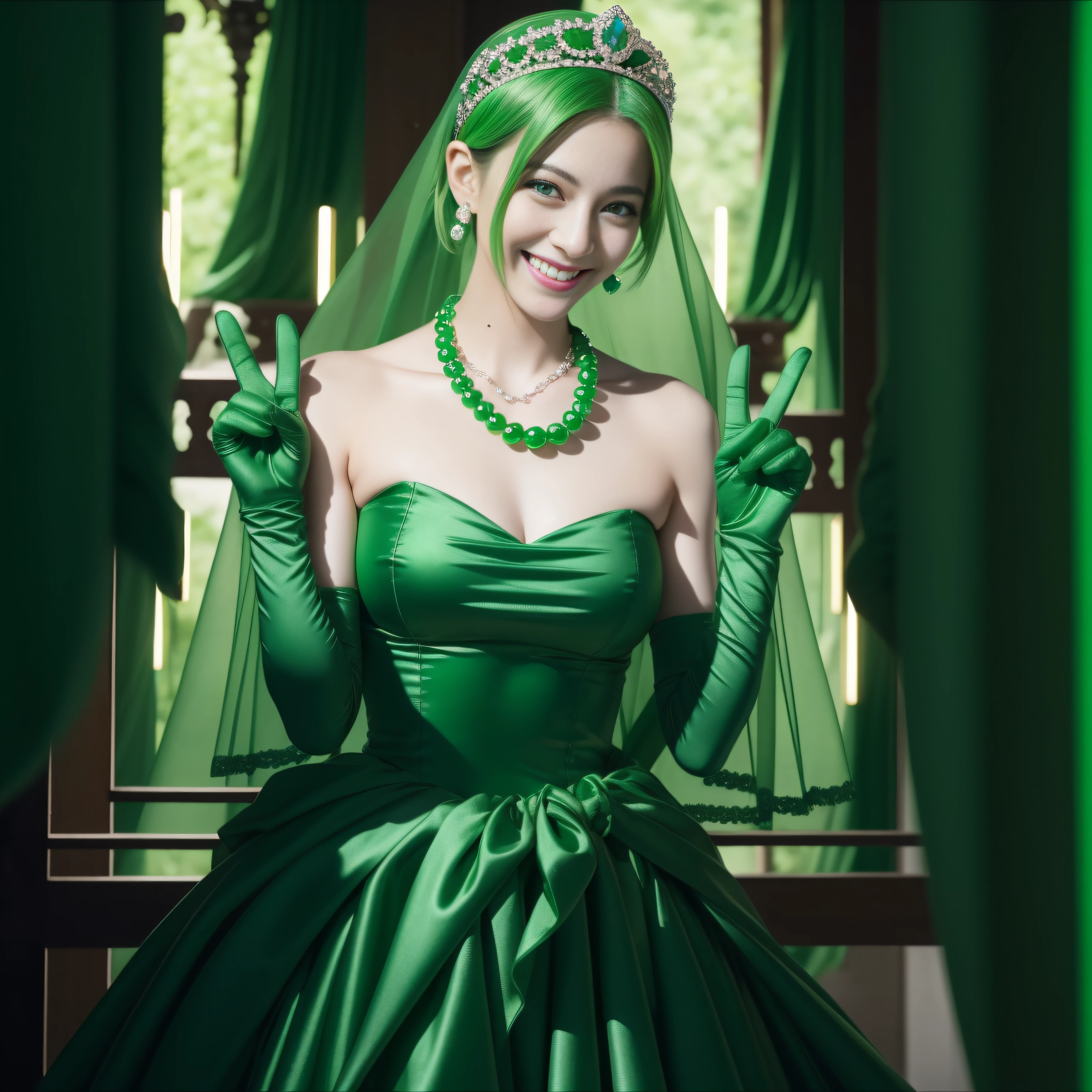 emerald tiara, Green Pearl Necklace, Boyish very short green hair, lipsticks, Japan woman smiling, very short short hair, big breasts beautiful, Green eyes, Long green gloves made of satin material, Green eyes, v sign,V-sign with both hands, Emerald Earrings, Green hair