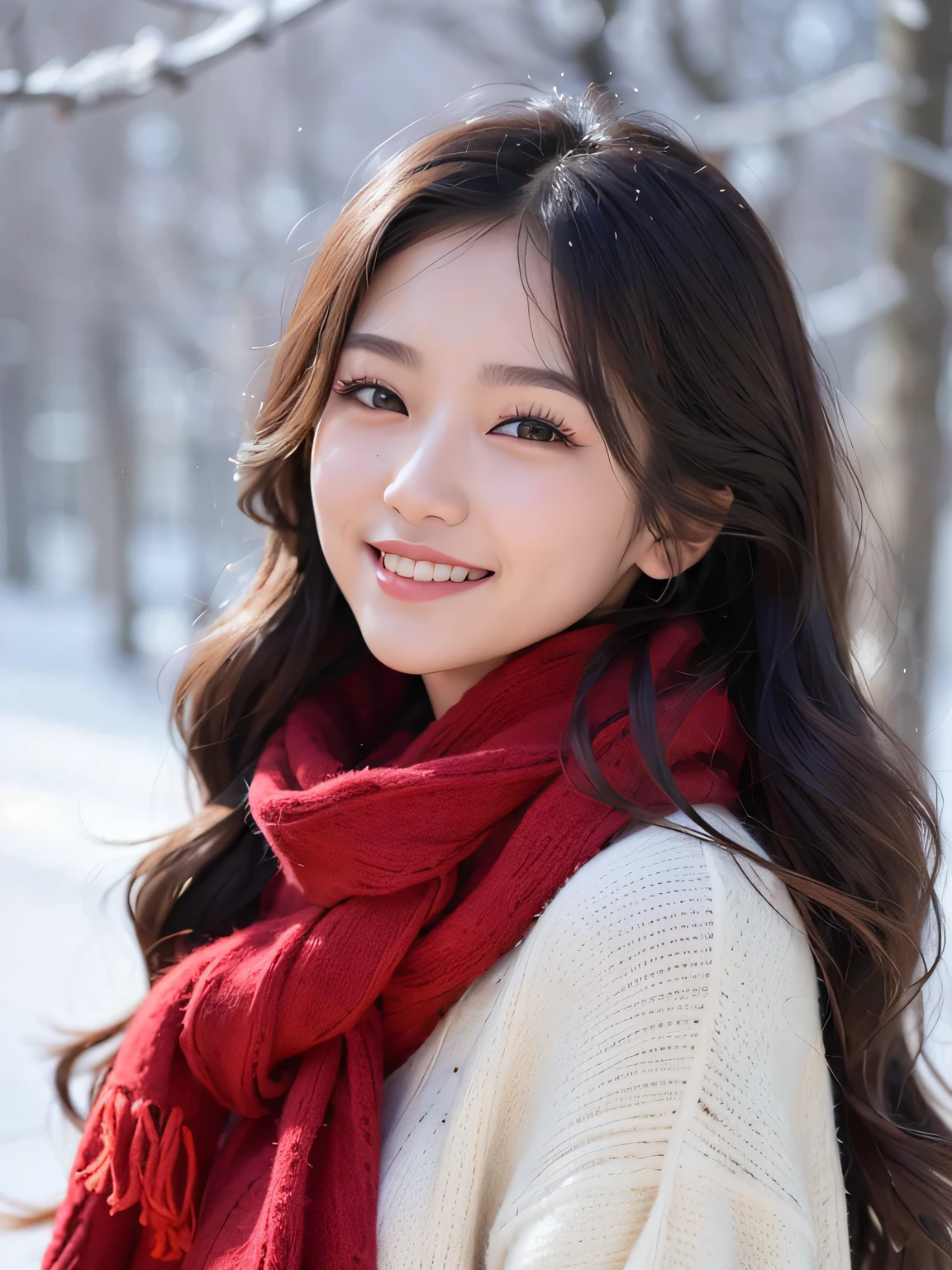 Close-up of a woman in a sweater, red neckchief, A warm and gentle smile, gorgeous young korean woman, beautiful Korean women, beautiful young korean woman, Korean girls, Very beautiful girl, Warm smile, ChineseGirl, a cute young woman, cute beautiful, cute young woman, cute women, Di Li Gerba