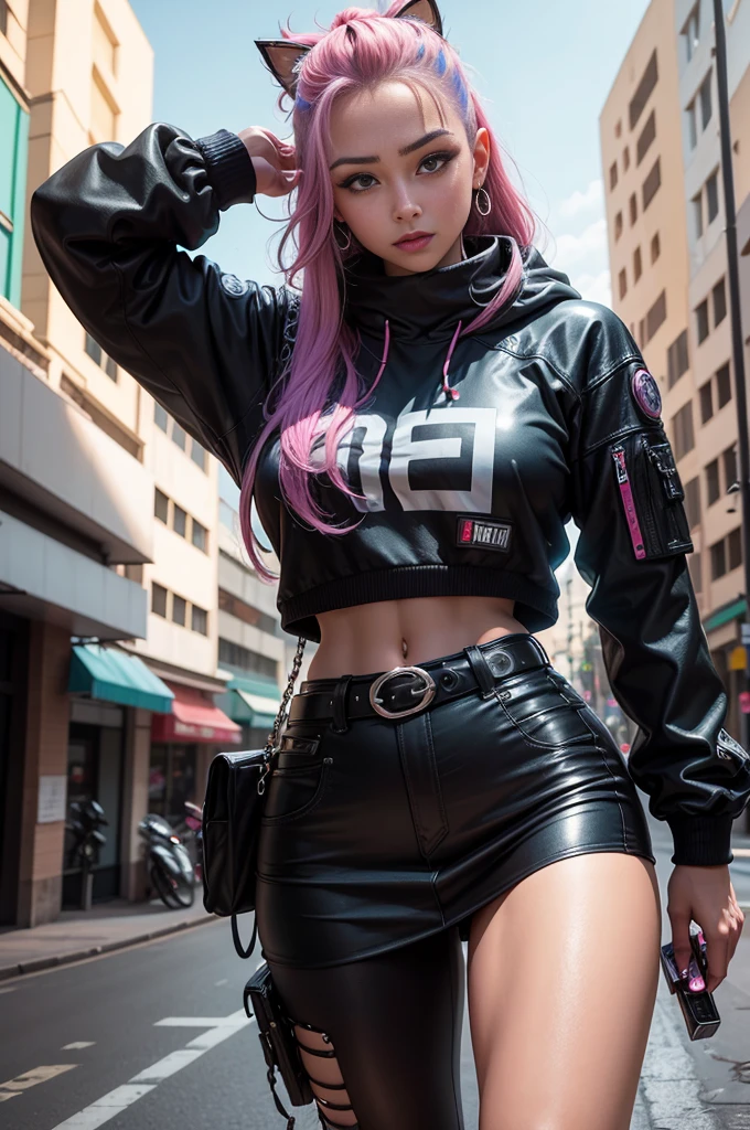 (Foto RAW, best quality, master part:1.2), (Realistic, photo-realistic:1.4),(master part:1.4),(best quality:1.4), ((gato cyberpunk sexy)), seios grandes, :d, (banglush, ((arreio corporal colorido)), ((dynamic pose)), cowboy shot, (((fundo das ruas da cidade cyberpunk))), Hair Intake, ((cabelos longos e disformes)), detalhes em neon brilhantes, Olhando para o Viewer, Fechaduras laterais, sorrir, (((lacuna na coxa))), Coxas, Caudas duplas, cabelos muito longos, cabelos multicoloridos, Alice \(Aceno\),(pele brilhante),Realistic.
