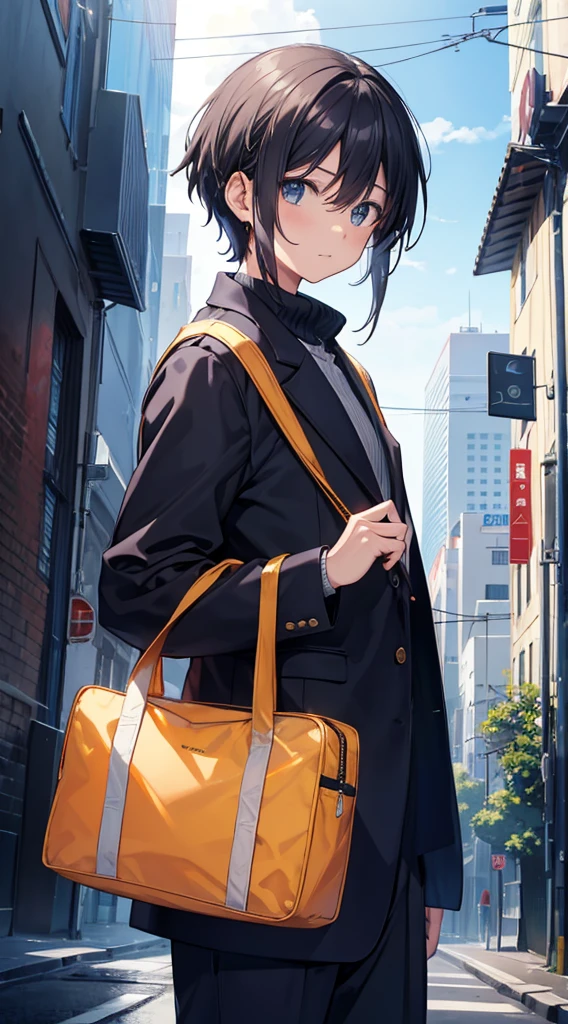 1st grade, suit jacket, chuva, ao ar livre, moletom, jaqueta aberta, cadeia, mochila, Olhando para outros, cabelo partido no meio, pele bronzeada, sexo do menino, Foco no menino, trending in artstation, 8K resolution, altamente detalhado, anatomicamente correto, sharped image, pintura digital, arte conceitual, Trend in Pixiv, Estilo Makoto Shinkai,