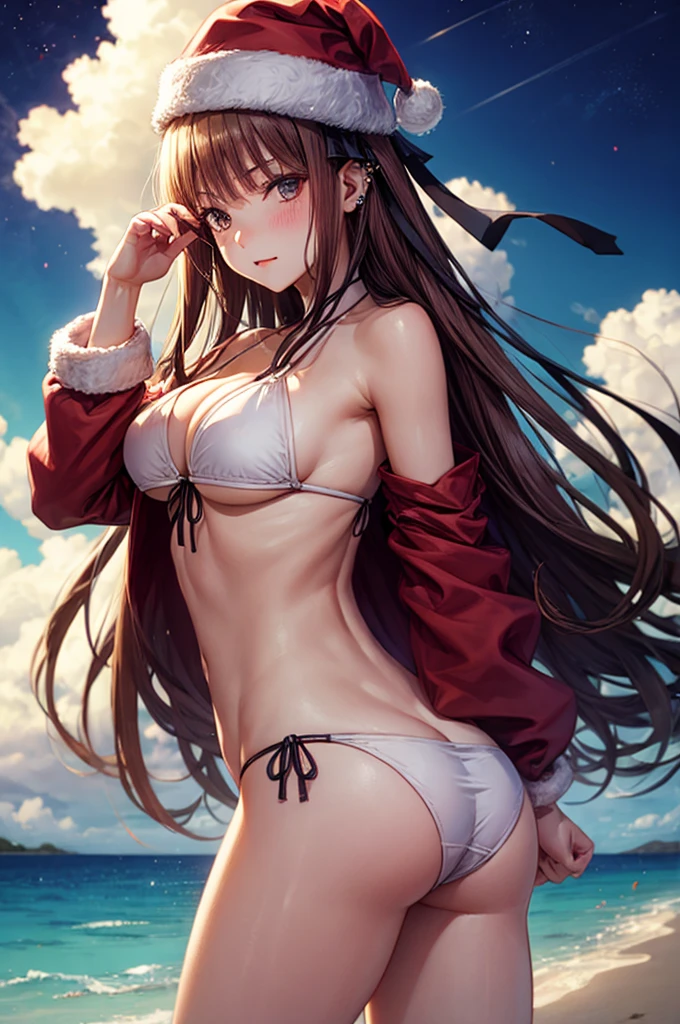realisitic、top-quality、 1 人、25-years old、Light colored hair、piercings、Shy face、Fancy Bikini、beautiful boob 、sexypose、s ass、night sandy beach、Particles of light、profetional lighting、blue open sky、red blush、santa claus、Wearing a hat、a miniskirt