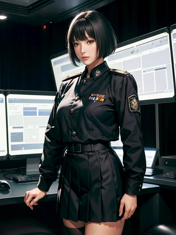 (Top resolution, Distinct_image), Best Quality, masutepiece, Highly detailed, semi - realistic, Woman with short black hair, Mature Woman, Triple bangs, Black uniform, Black pleated skirt, Military uniform, Spacecraft Space, Control room, Commander