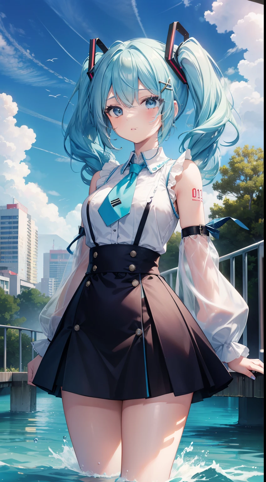 (masterpiece), (best quality), (4k resolution), (anatomy; perfect), character Hatsune Miku, 1 adult girl, light skin, blue eyes, (big blue hair), (locks, bangs), tied hair two sides, (hair lighting effects), eyebrow, nose, ear, mouth, lips, long sleeve blouse, short skirt, tights, (big chest), (perfect waist), thick legs, thick thighs, background scenery, water effect, blue background, water, water bubble, all water