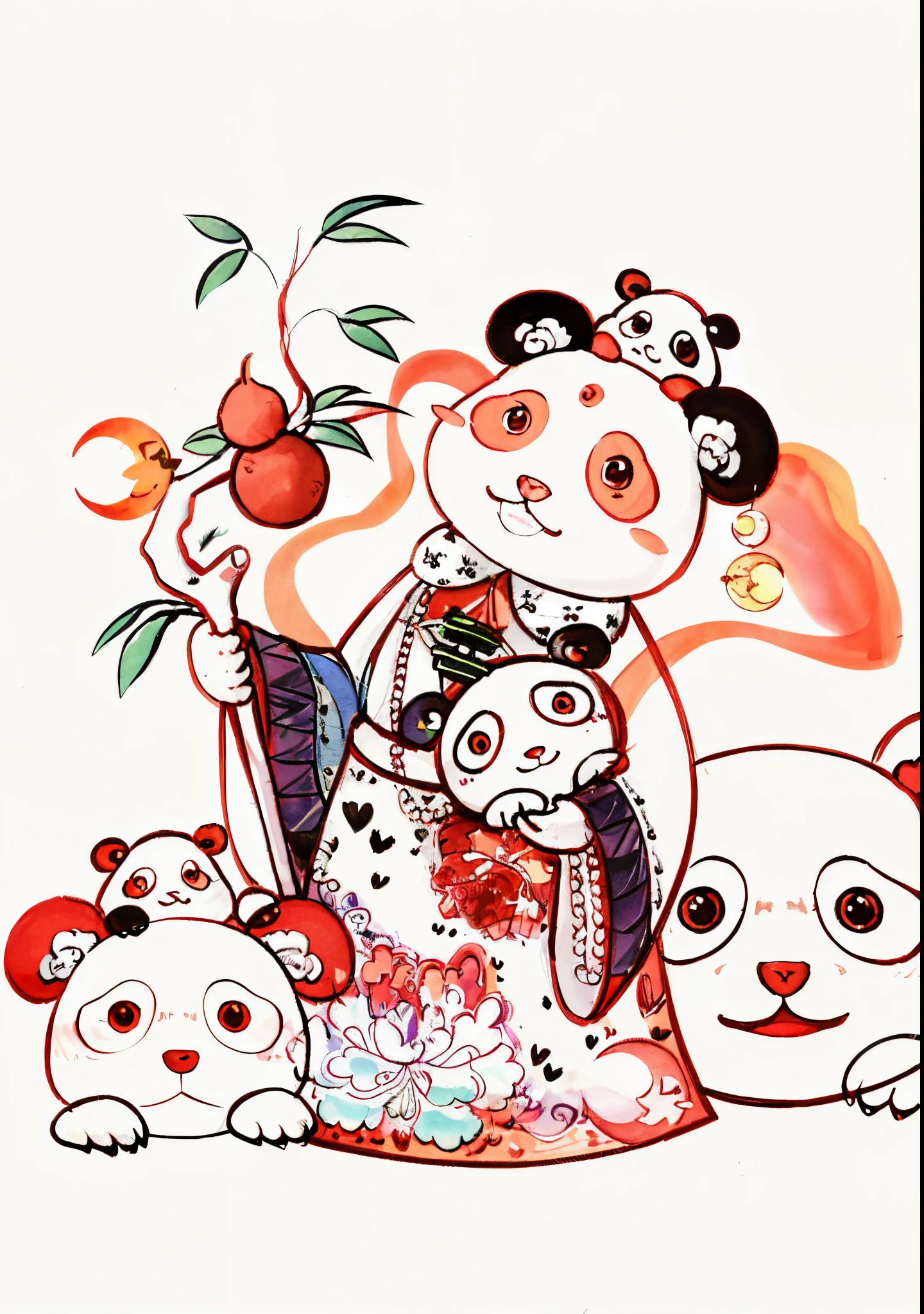 Color this line drawing,The picture of a panda female wearing a long skirt,Hand holding walking stick with gourd and green leaves,There are three panda heads next to him,There red on the light skirt,Red streamer,Pale color background