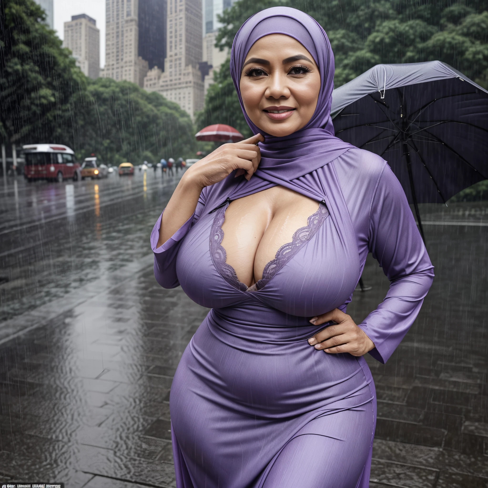 56 years Old, Indonesian Hijab milf, Ultra Droopiest gigantic saggiest longest mature tits : 96.9, wearing tight Gamis, Wearing Tight Bra, Her bra cannot cover her Gigantic breast, Busty body, Wet body, rainy atmosphere, heavy rain, at central park, full body, gravure Idol, Cold Situation