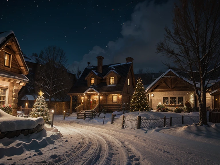 A small rustic village, winter, snow, night, Christmas decorativo, realist