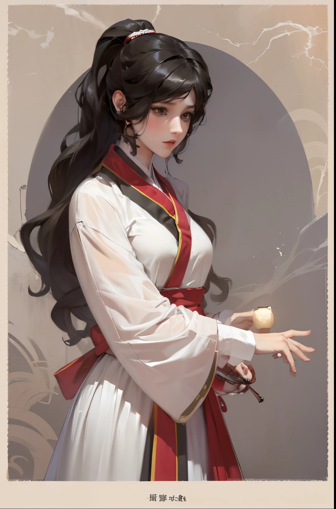 high quality , one brown hair girl, long ponytail, long hair, wuxia character, ((white clothes)), ink painting background, flat background, minimalist background, chinese wind pattern background,