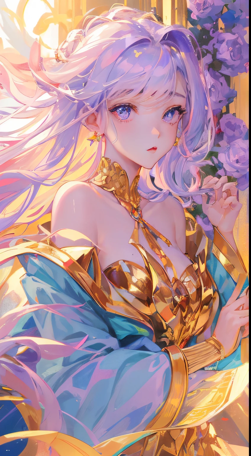 ((tmasterpiece、need、Super refined、A high resolution)), 独奏, A beautyful girl, sparkle eyes, perfect eyes, ar old, Lilac hair,She a singer,Warm color theme,Concert background,warmth,Golden light hits her,