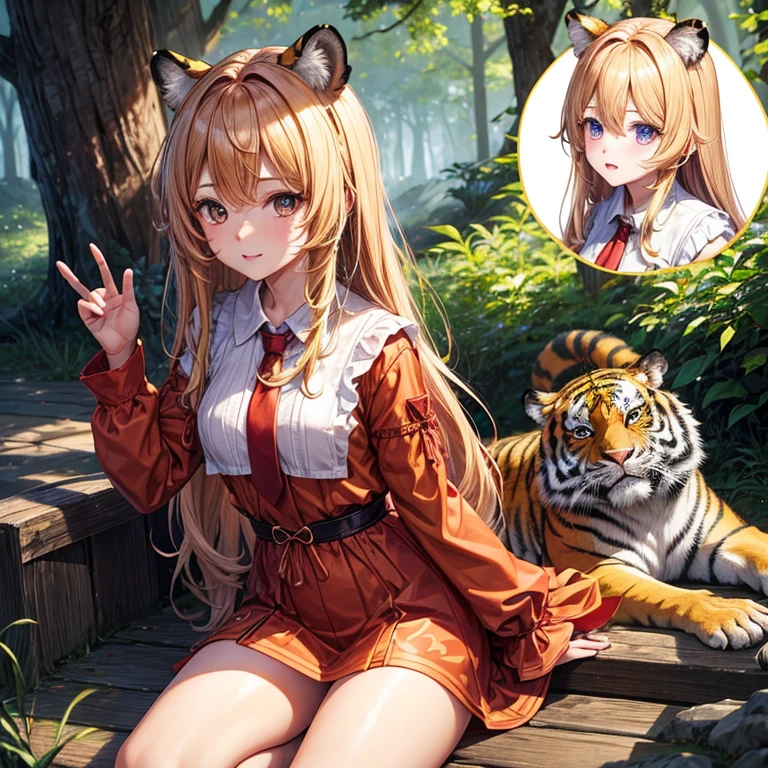 top-quality, hight resolution, 8K images,best qualtiy,hight resolution、A woman who is cute no matter who sees her、Stain cheeks red、Tiger ears、Detailed CG background、Golden hair, bobhair、Absolute area、Looking at the camera、(Illustration ratio:1.1)、in woods、naturey、tiger print down coat、Long sleeves、hight resolution、foco nítido