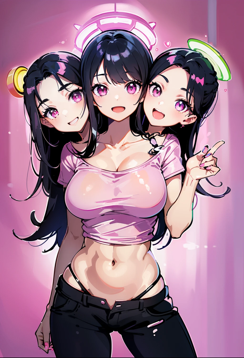 (best quality), (high quality), (detailed), (masterpiece), good artist, (3heads:1.5), 1girl, black hair, hot pink eyes, casual wear, gentle smile, open mouth (neon pink t-shirt), black pants, winter background, A girl with beautiful detailed eyes, (detailed hairstyles), strong and confident expressions, belly button, dynamic pose, hair braid