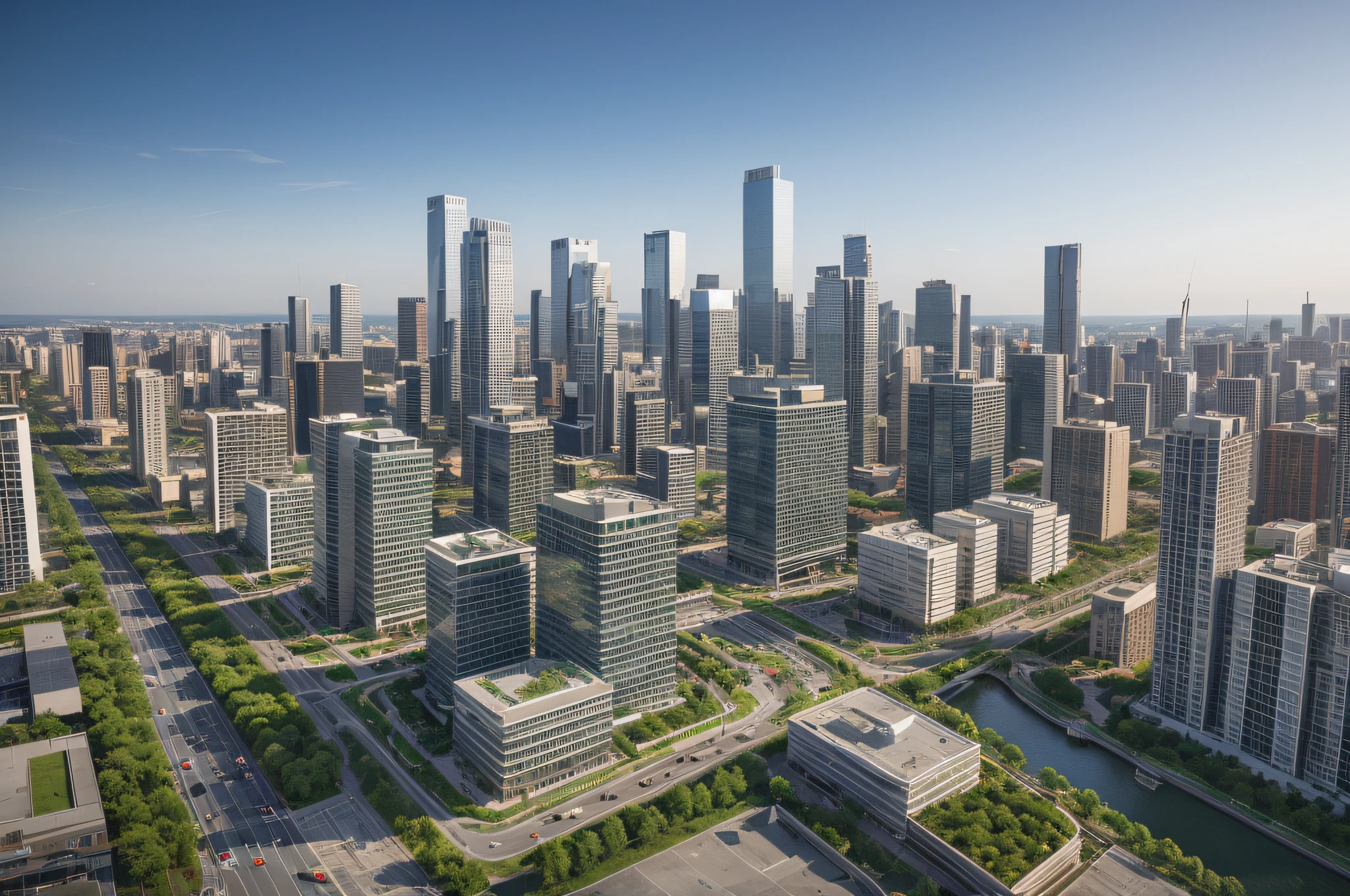 The development of modern high-rise buildings，Under a vibrant sunset sky，Bustling crowds of people in modern cityscape，vivaciousness, Under the illumination of neon lights, inspired by H.r. Giger, Hyper-realistic cyberpunk digital art, Panoramic cityscape, Vibrant and dynamic lights in deep blue and fiery orange, 3D modeling and ray tracing, hyper realisitc, 4K分辨率. Includes large holographic billboards, and intricate alleys, Exquisite renderings of Lakeside Business District, Rolling mountains, (Low-rise building with wooden and green roof near water), by SOM、Designed by OMA and SASAKI,overpass， [[Zaha Hadid designs stunning waterside museum]], Apple-designed global corporate headquarters, Beautiful park、Landscapes and People&#39;Water Activities, [There are abundant aquatic plants in the river、Birds and kayaks], [Eau], [[Clear sky and sunshine]], [reflector], [[ultra - detailed]], building rendering , modernn architecture, 8K, Vray rendering, [shenzhen, Chinese Big Breasts], [the sunset], ​​clouds, 35mm photography,  designs, [Realistic effects], natural, [Regular lines],  geometry