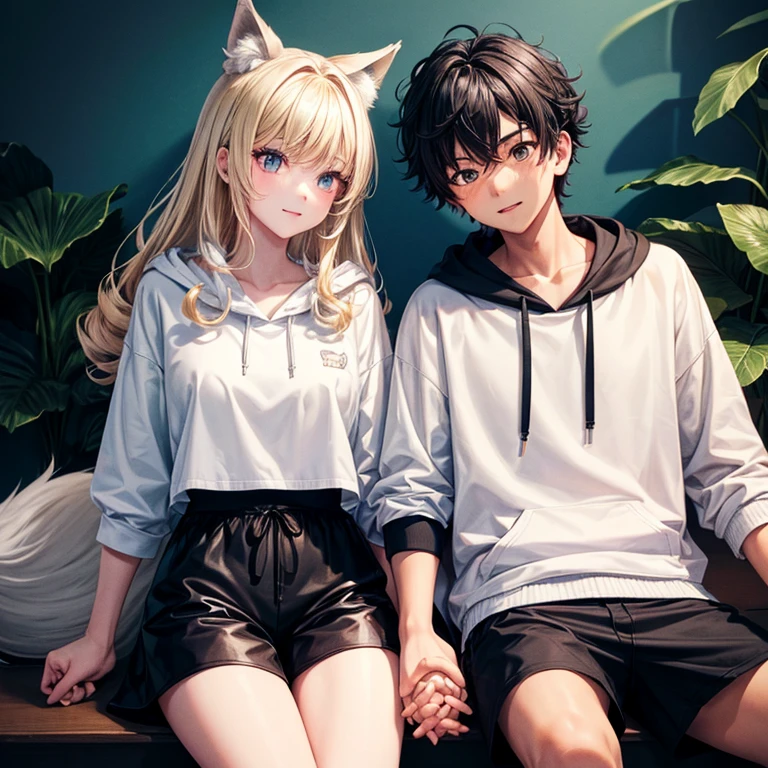 Face to face, high quality, 1 boy 1 girl, black hair girl, blonde hair boy, romance, couple, sitting, wolf cut boy, curly hair, holding hands, perfect face, perfect eyes, black shorts, white hoodie,