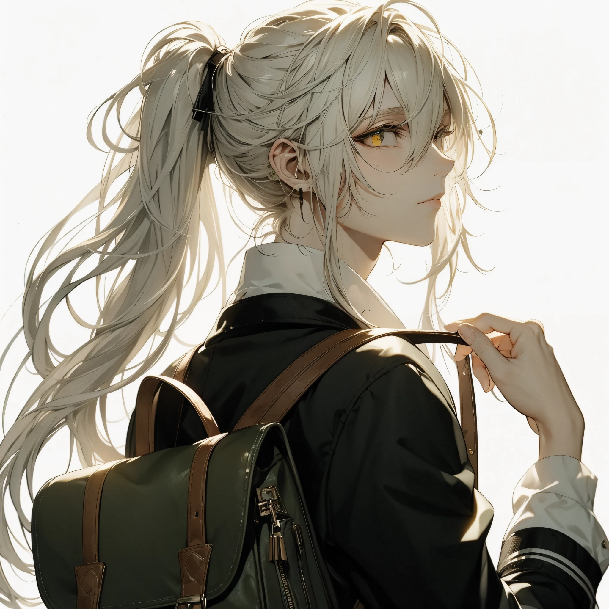 (((Slender eyes)))、Beautiful young man, White hair, Long hair, Yellow eyes, slit-eyes, Ponytail, Back view, turned around, dark green leather backpack, composition from the waist up, High quality, amount of drawing, pixiv illustration