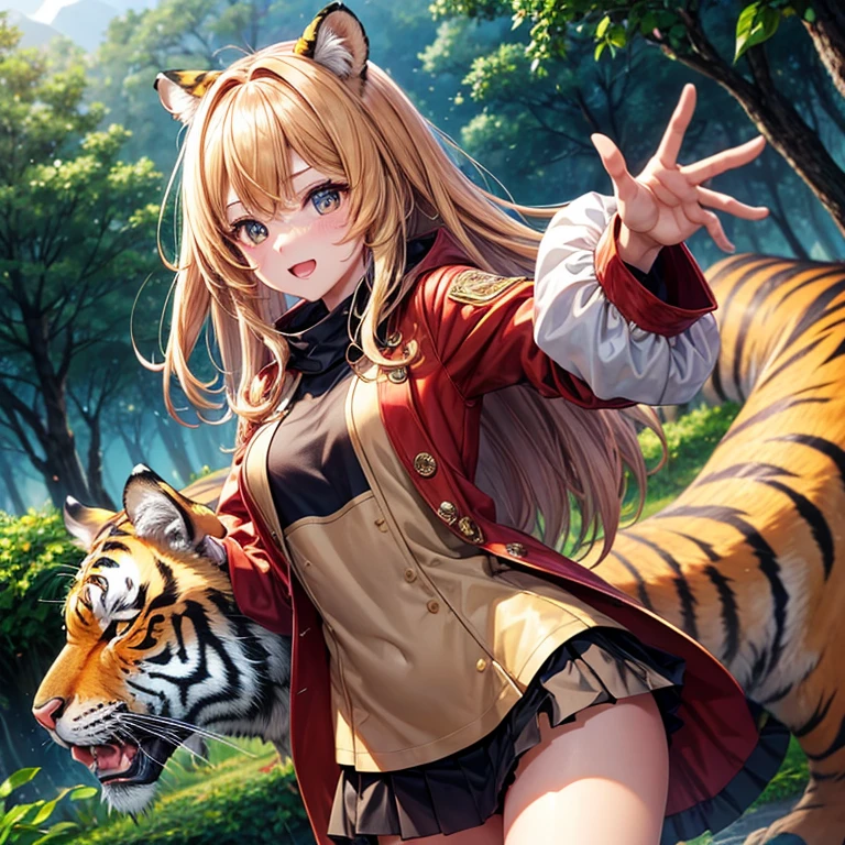 top-quality, hight resolution, 8K images,best qualtiy,hight resolution、A woman who is cute no matter who sees her、Stain cheeks red、Tiger ears、Detailed CG background、Golden hair, bobhair、Absolute area、Looking at the camera、(Illustration ratio:1.1)、in woods、naturey、Tiger Print Coat、Long sleeves、hight resolution、foco nítido