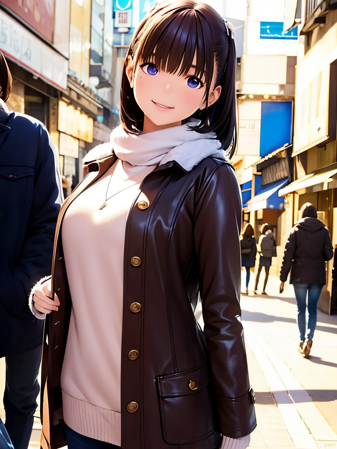 hight resolution,8K,Best Quality,detaileds,semi - realistic anime,Anime 3D Style,Smooth Anime CG,1 girl in,20 year old woman in Japan,slim,modeled,shiny chestnut hair,Medium Hair,Detailed face,Beautiful and detailed eyes,Glowing skin,(coat,layered clothes,Winter clothes,),earring beautiful,Winters,cold morning in december,(a street:0.8), (a person, Large crowds:1),hard focus particles,Soft lighting,looking at the viewers,A smile