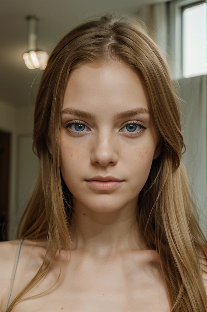 Photorealistic portrait of a beautiful young girl, blonde hair, pale skin, light blue eyes, looking straight into camera, long hair, no makeup, freckles