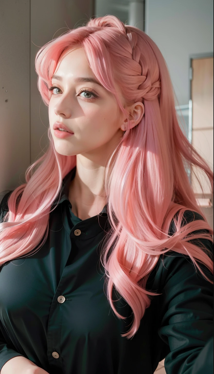 mulher arafada com cabelo rosa e camisa preta tirando uma selfie, long flowing pink hair, flowing pink hair, cabelo rosa wispy, Katherine McNamara inspirada, com cabelo rosa, cabelo rosa longo, cabelo longo chiclete, linda Delphine, cabelo liso rosa, ava max, cabelo rosa claro com chamas cor-de-rosa, cabelo rosa claro, cabelo rosa claro longo