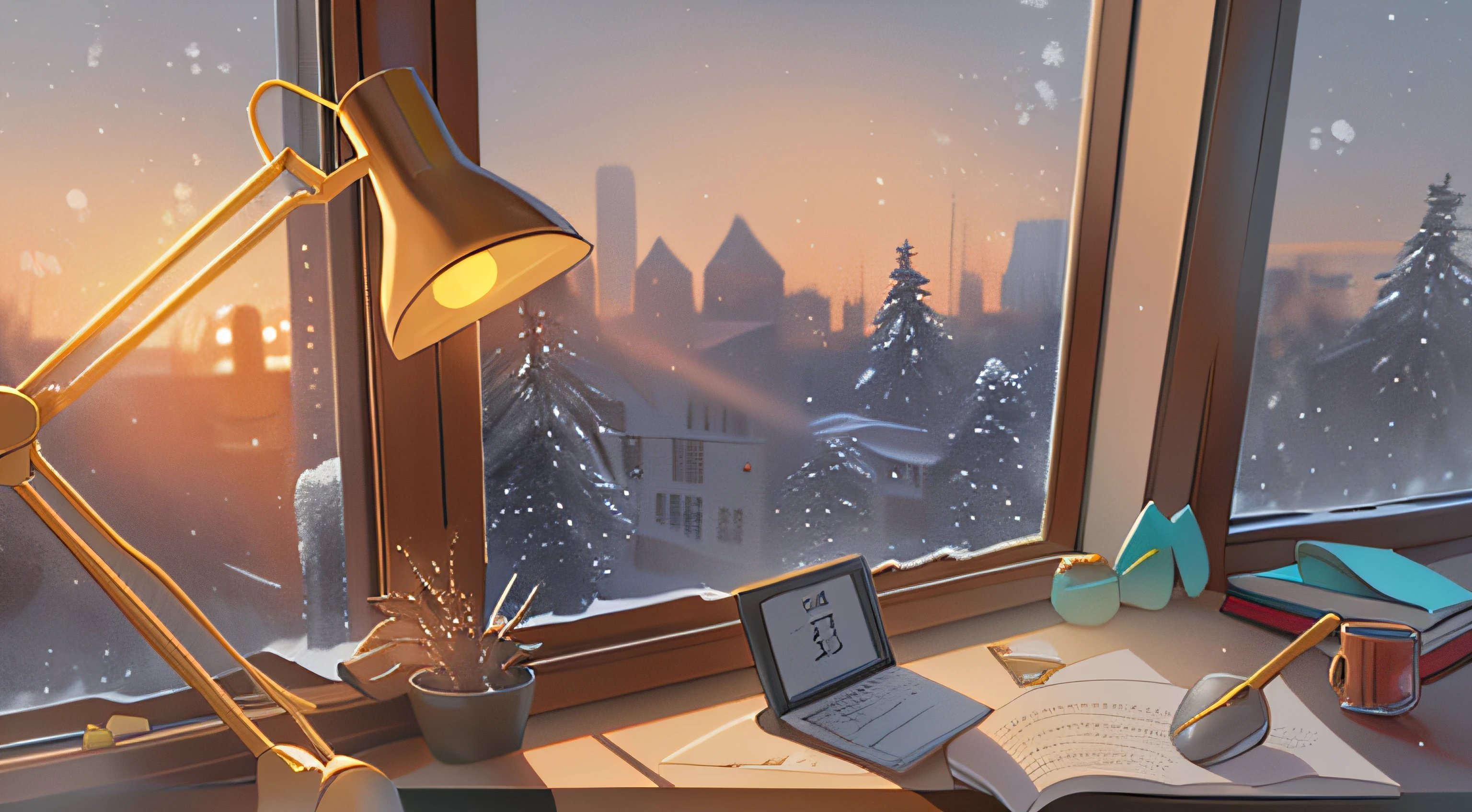 study conner, clock on the table, winter view behind the window