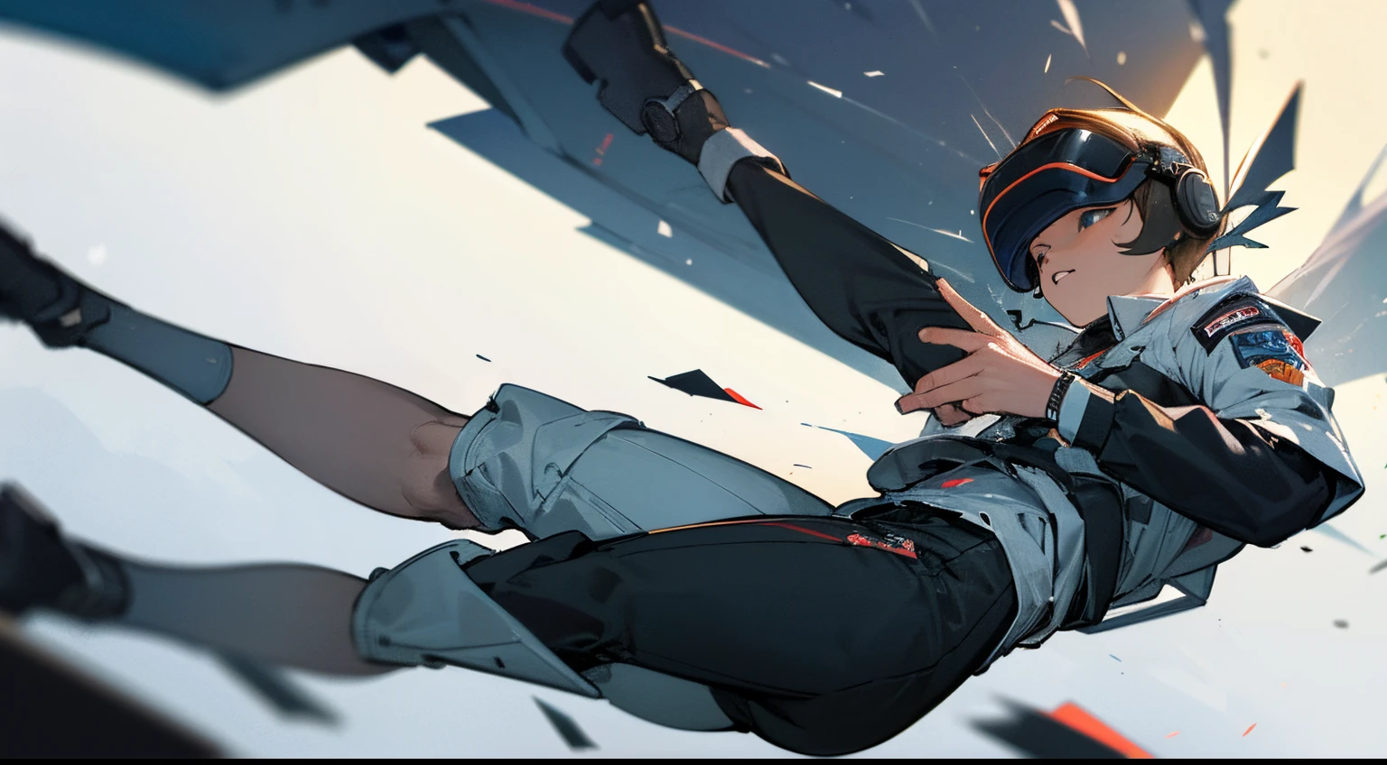 masterpiece, best quality, high resolution, 1boy, 16 years, costume, VR helmet, falling