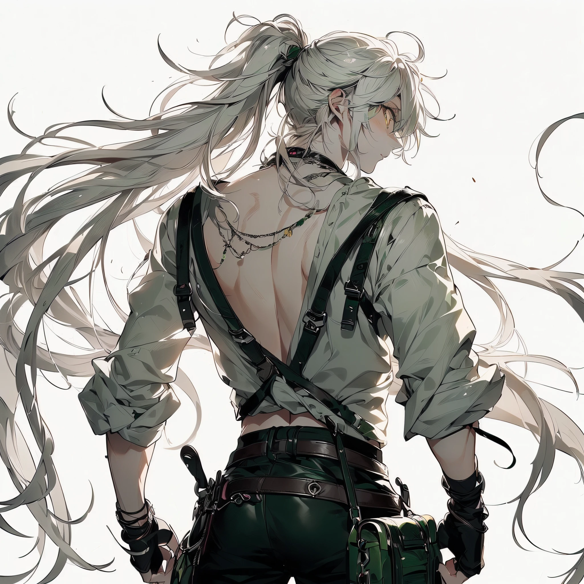 (((beautiful young man with narrow eyes, White hair, Long hair, Yellow eyes, slit-eyes, Ponytail, Back view, turned around, dark green leather backpack, composition from the waist up, High quality, amount of drawing, pixiv illustration、Beautiful back