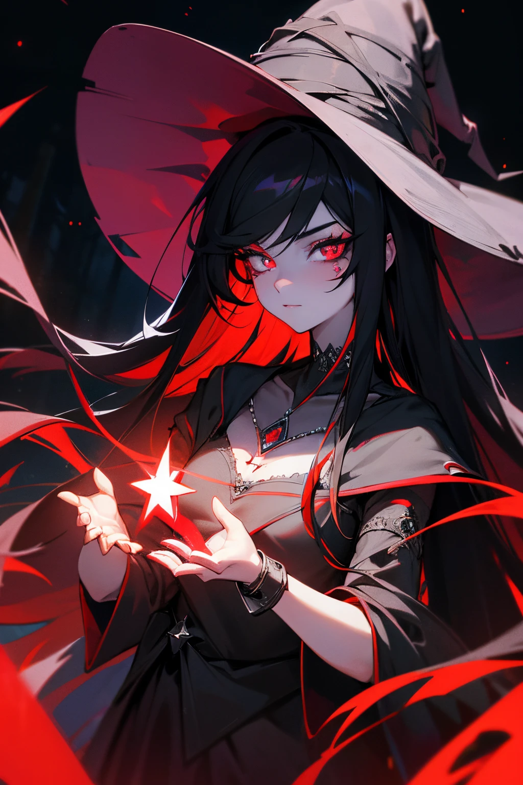 Long black hair, red eyes, aurora, laced chocker, medium breasts, red ruby pendant, glowing red eyes, red magic, messy hair, mature female, face tattoos, ((beautiful black eyeliner:1.2))CLOSE-UP, black witch hat, witch garments, beautiful superiority, ((glowing cuffs:1.2)), iconic witch location, ((Night:1.2)), standing in open field, spruce trees, vacation spot, Pale skin,starrystarscloudcolorful,(unusual pupils), (glowing eyes), (magic eyes) {{{PERFECT HANDS)}}