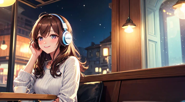 (best quality,masterpiece:1.2),detailed,perfect face,brown hair,girl listening to music,sitting in a cafe,2D anime style,illustration,soft lighting,vibrant colors,sparkling ornaments,night,peaceful atmosphere,cozy background,expressive eyes,warm smile,flowing hair,headphones on,bright-eyed,likeable character