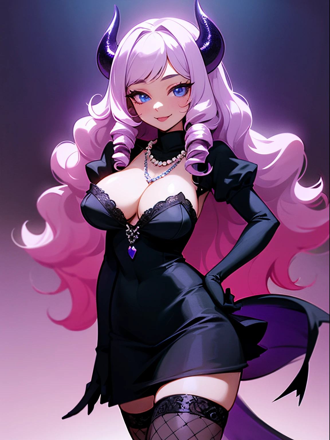 A beautiful and sexy woman with long wavy violet hair, drill curls, side-swept bangs, sharp blue eyes, light skin, smile, wearing a sparkly black dress, fishnet stockings and pearl necklace, there's two black devil horns on her head, and she also has a black devil tail and black demon wings, she's standing in the city at nighttime