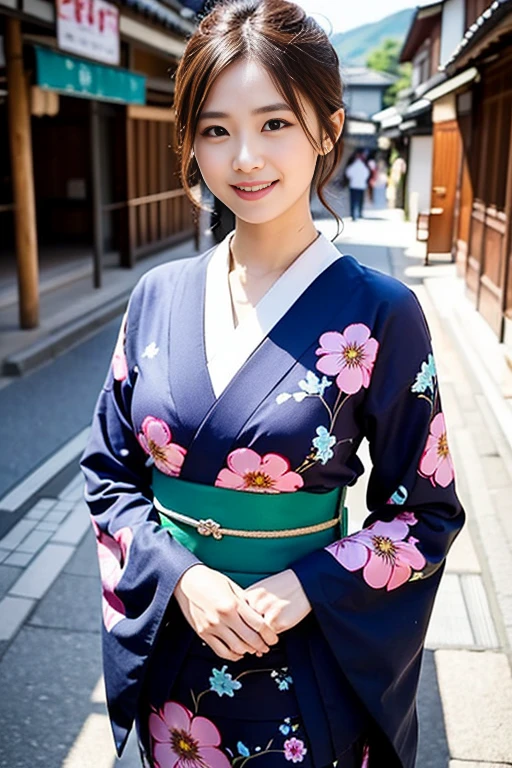 Masterpiece、The most beautiful woman who works as a newscaster、with shiny brown hair、On holiday in Gion, Kyoto、Wearing a Japanese kimono with a luxurious floral pattern、Very enchanting.。She's full of confidence々Smiled at.、toward to the camera。her fashion and expressions、A perfect balance between cuteness and elegance、It draws the viewer in and doesn&#39;t let go.。Through this scene、Express her charm to the fullest